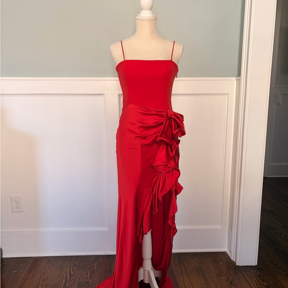 cinq a sept Red Satin Evening Dress with Ruffle Detail